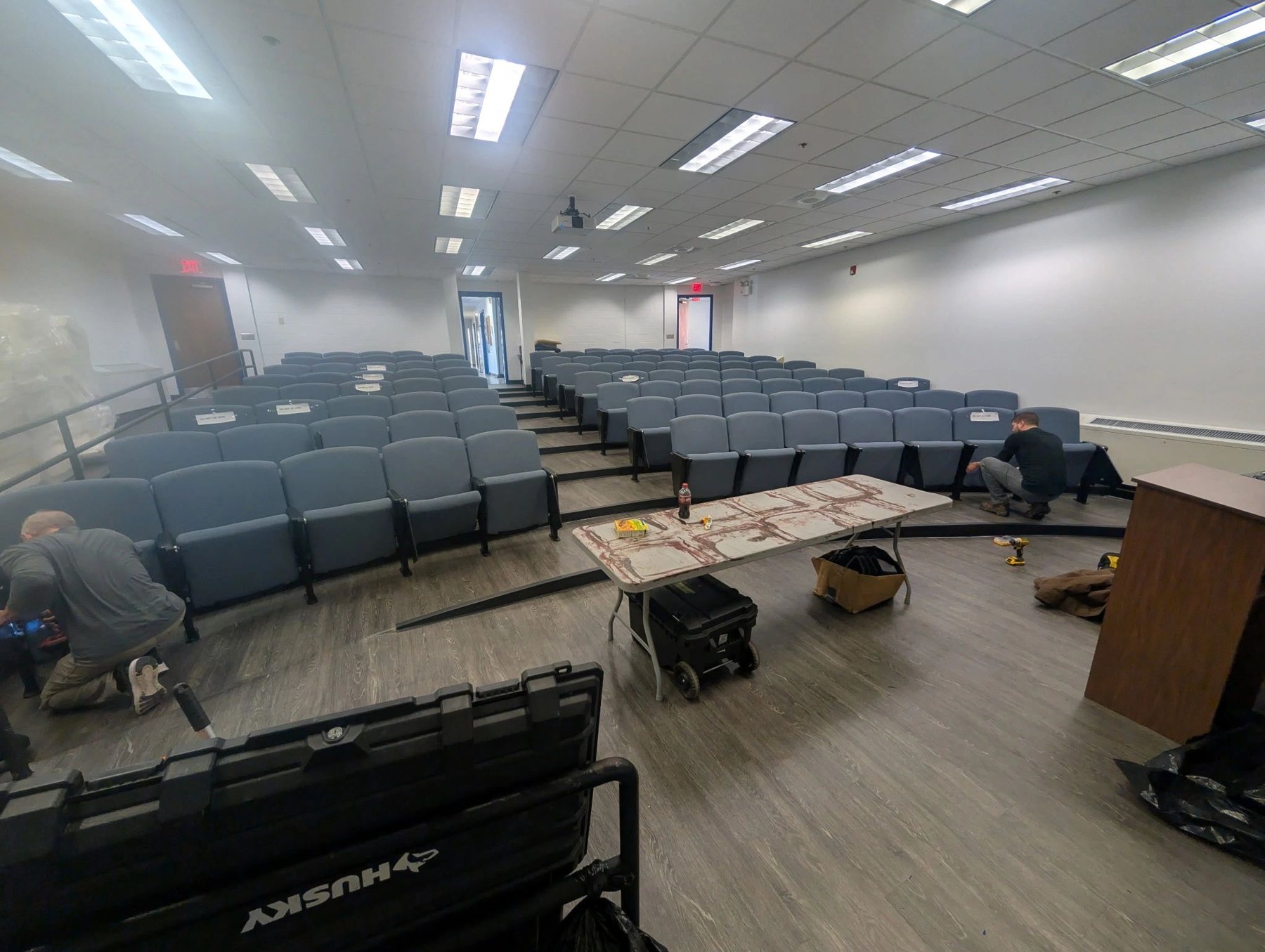 Lecture hall seating being reinstalled