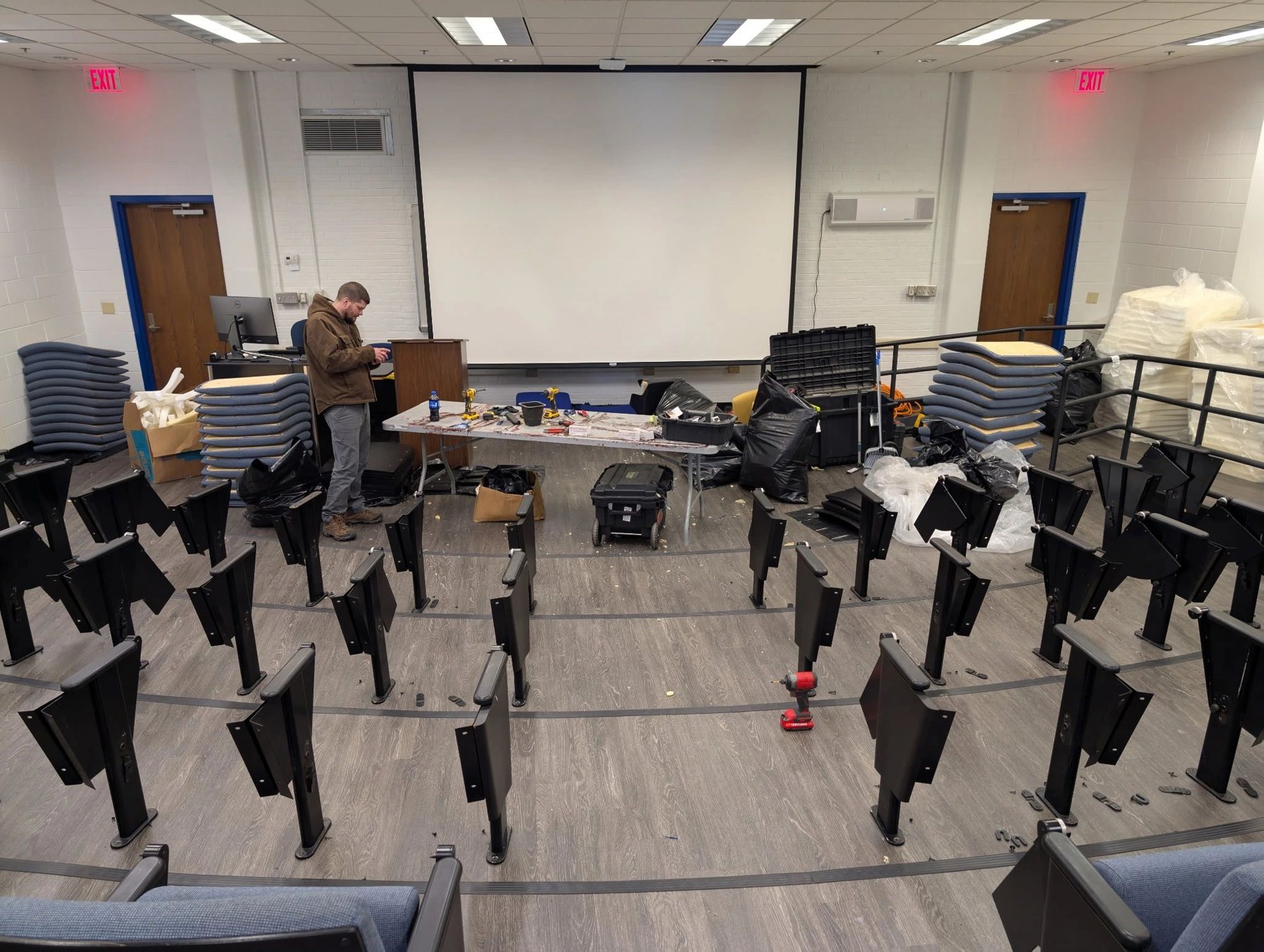 Lecture hall seating removed for refurbishment